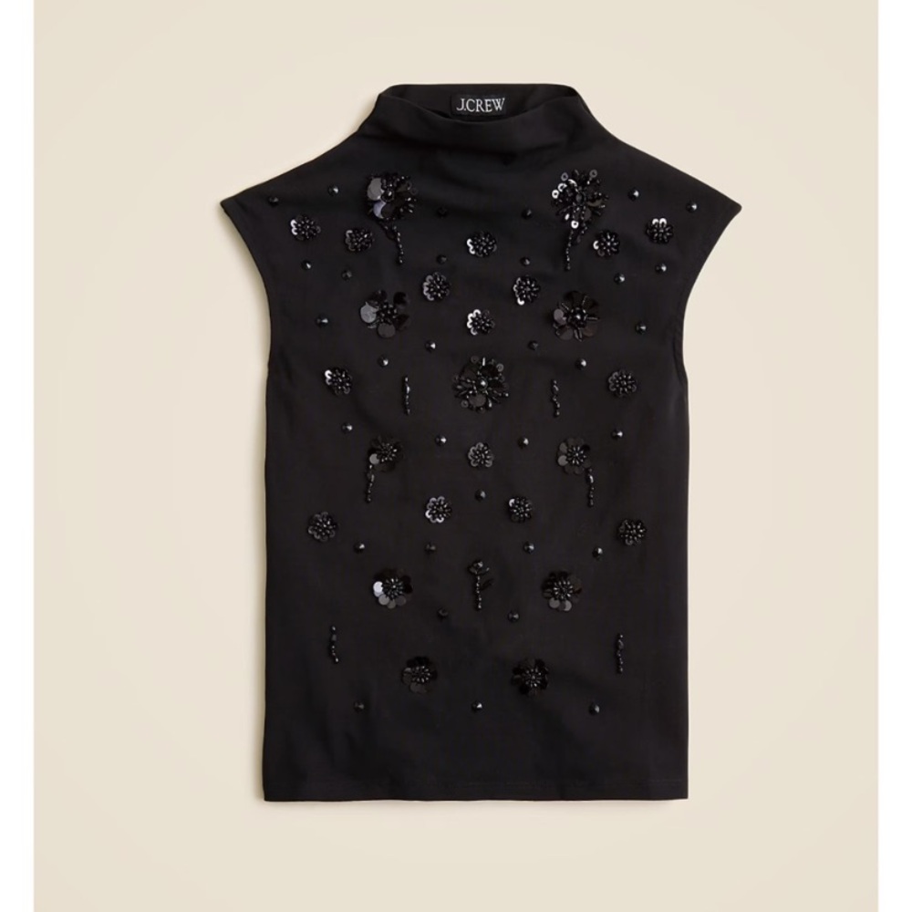 NWT J. Crew Stretch Cotton Mockneck Floral Embellished Sequin Black 3X - Picture 2 of 9